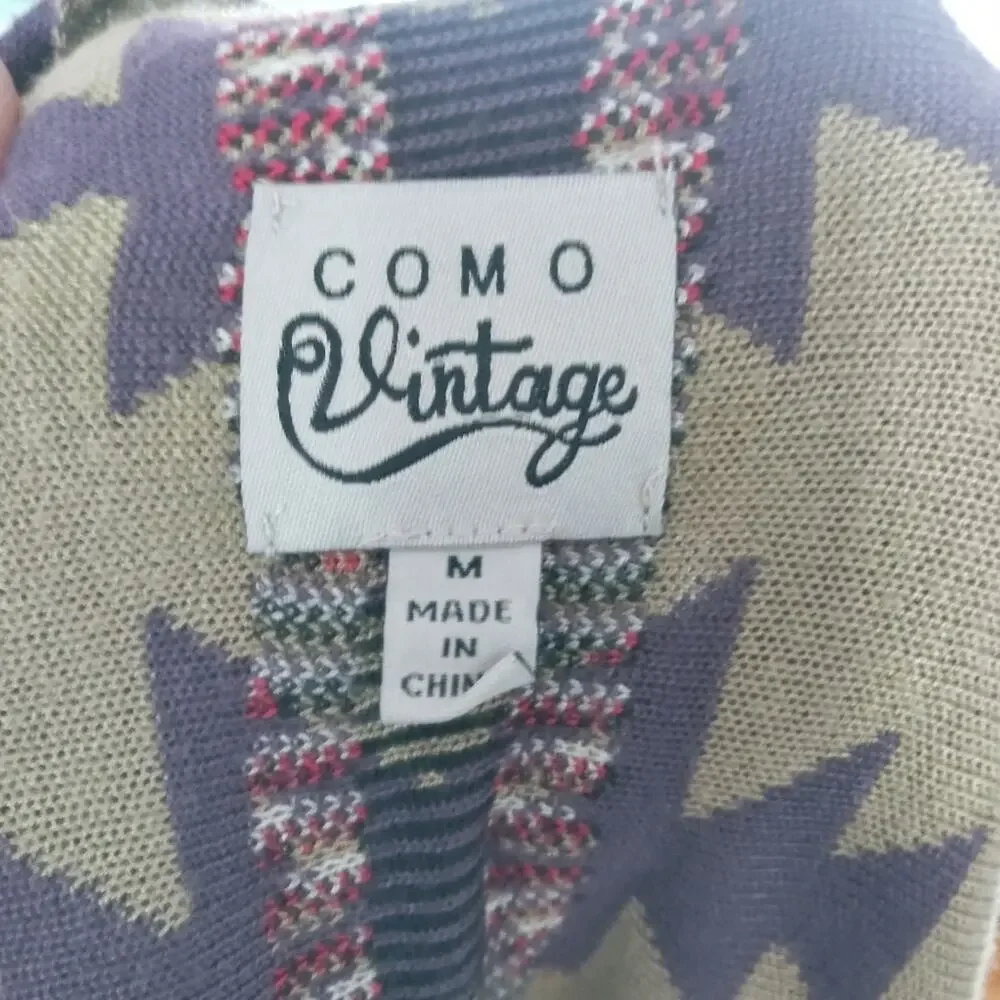 Como Vintage Open Front Longline Tribal Print Coverup Vest Cardigan M